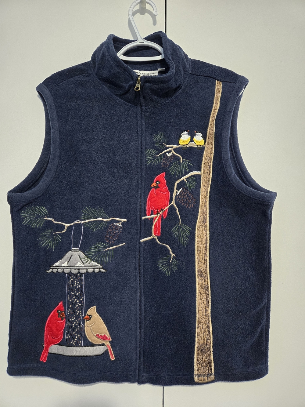 Rebecca Malone Fleece Vest Cardinal Bird Embroidered Navy‎ Zip Up L Nature